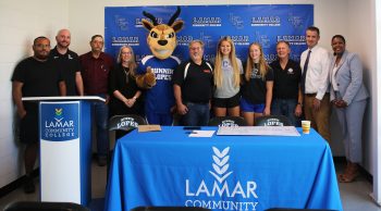 Scooters Coffee and KLMR Riverside Communications make generous donations for new gym floor at LCC