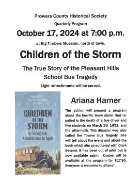 Big Timbers to host program with author of "Children of the Storm' book on October 17, 2024