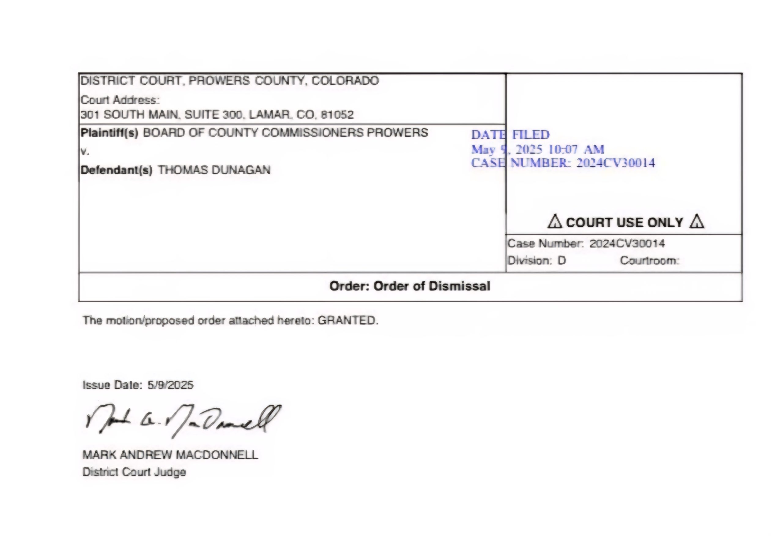 Statement from Prowers County Coroner in regard to dismissal of ...