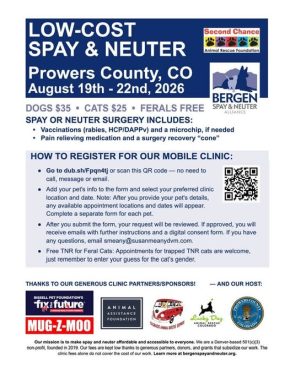 Low cost spay & neuter event offered for Prowers County August 19-22 - early signups are encouraged